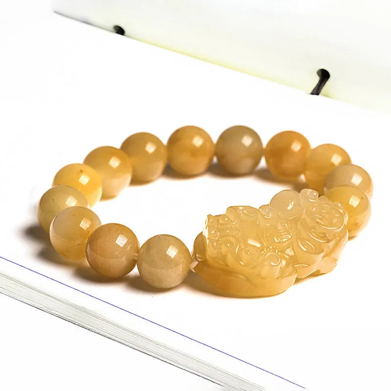 Golden thread Jinsi Jade money bracelet with carving details shown in two size variations