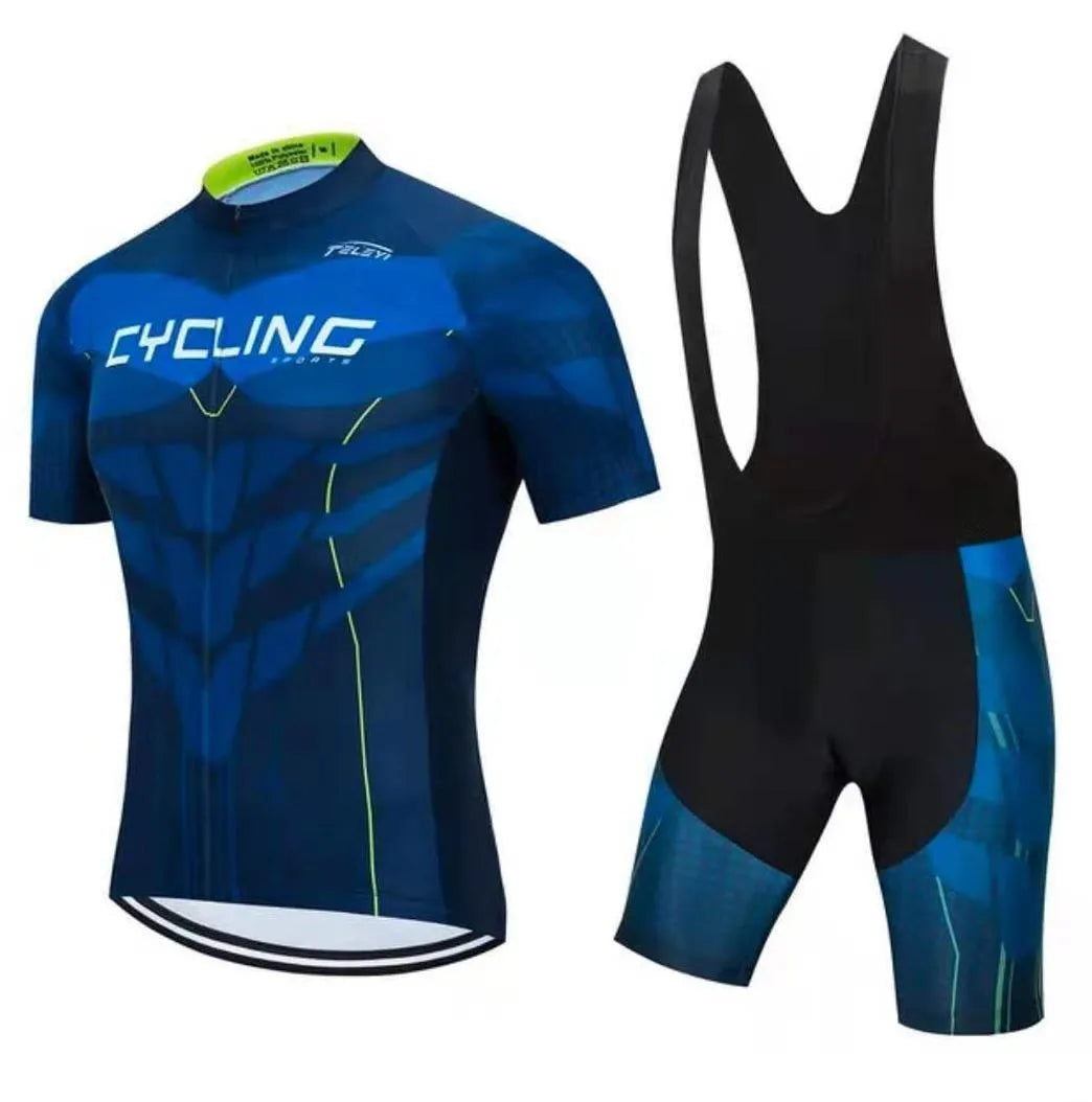 Cycling jersey and shorts set for summer bike riding with moisture wicking properties