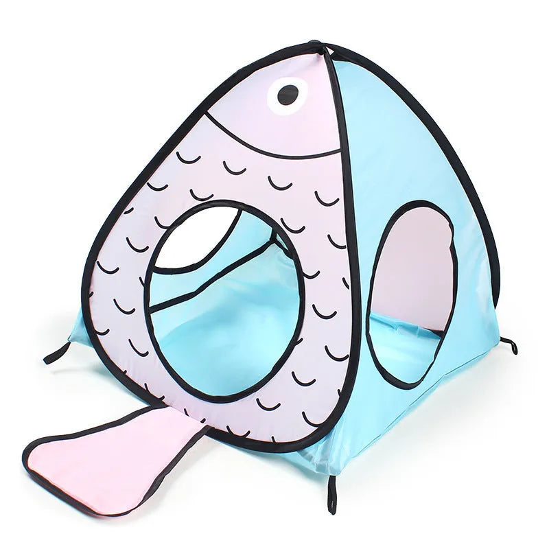 Foldable pet tent and tunnel play set with cat fish design displayed assembled