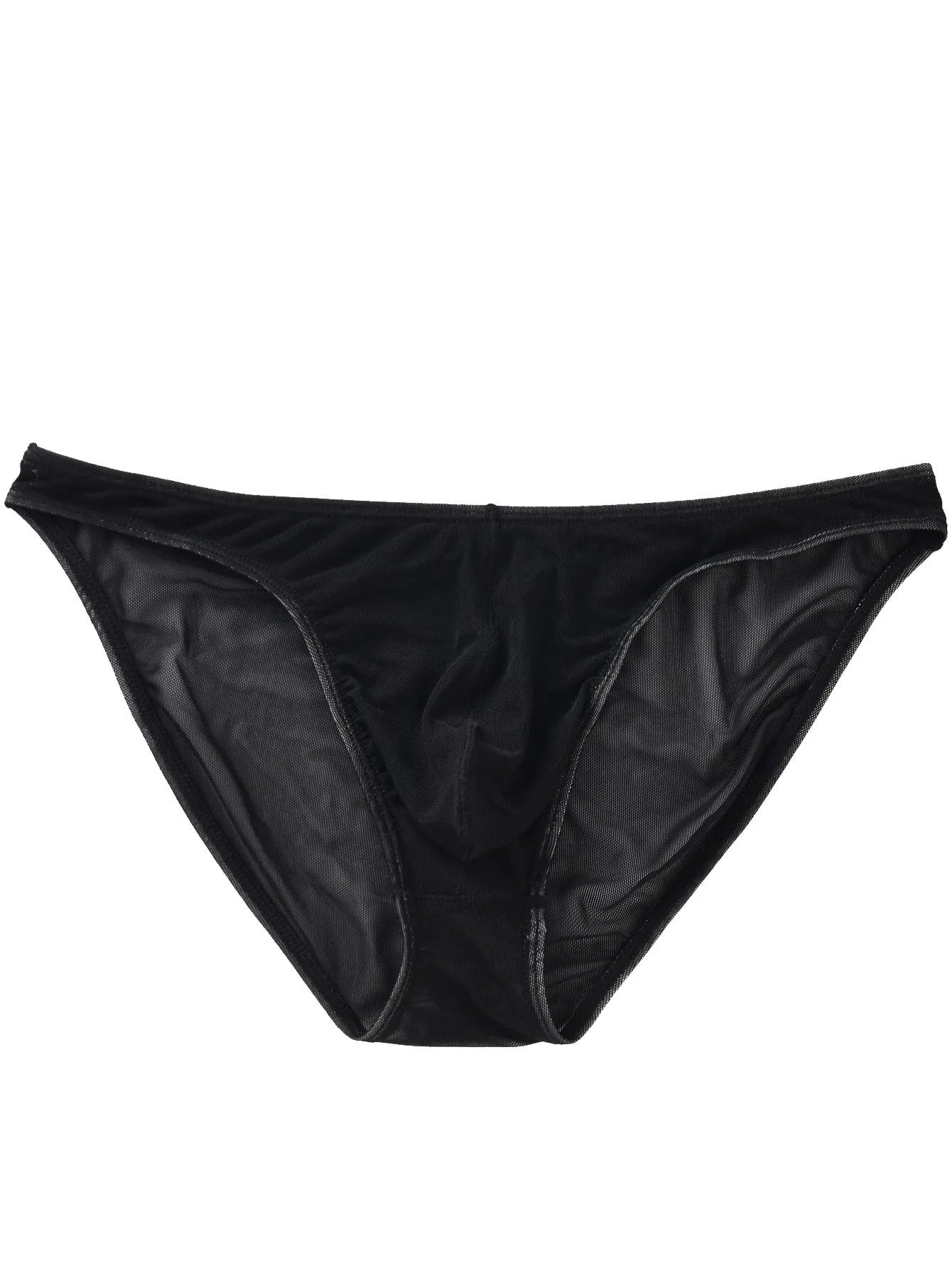 Men's black ice silk triangle mid waist briefs on a white background.