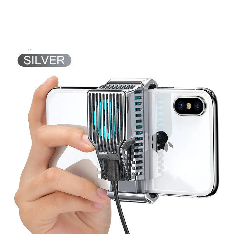 Black mobile phone radiator with clip, attached to a smartphone showing its aluminium alloy and ceramic construction.