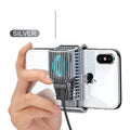 Black mobile phone radiator with clip, attached to a smartphone showing its aluminium alloy and ceramic construction.