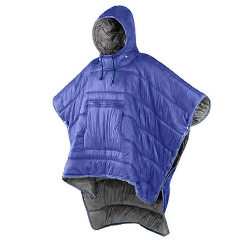 Army Green outdoor cloak sleeping bag with 200x140cm dimensions shown in convertible format