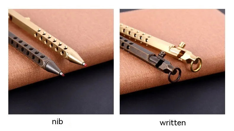 Brass hexagonal bolt-action rollerball pen with six-faceted barrel and 0.5mm tip