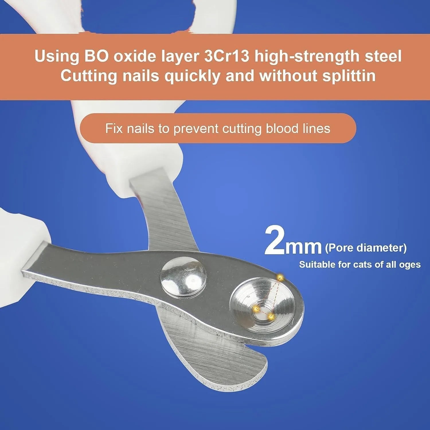 Blue cat nail clippers with a circular cutting hole and cushioned non-slip handle on a white background.