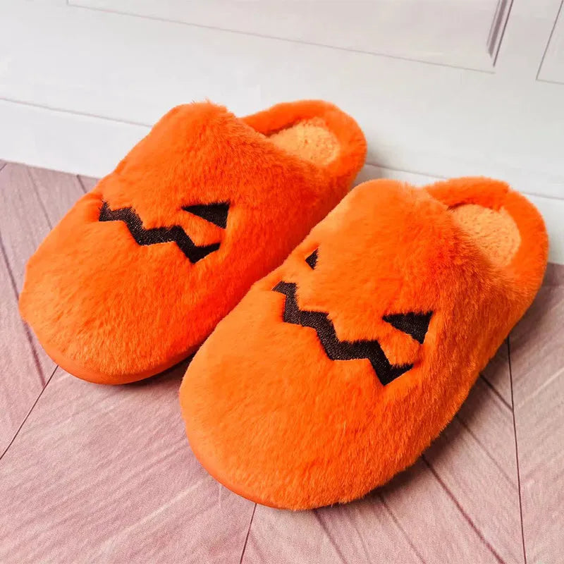 Orange Halloween pumpkin slippers with coral velvet upper and plush lining
