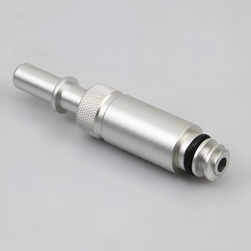 Silver metal transmission refuelling joint adapter tool for automotive gearbox oil changes