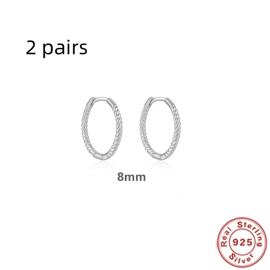 S925 sterling silver twisted string round ring geometric earrings for women on a white background.