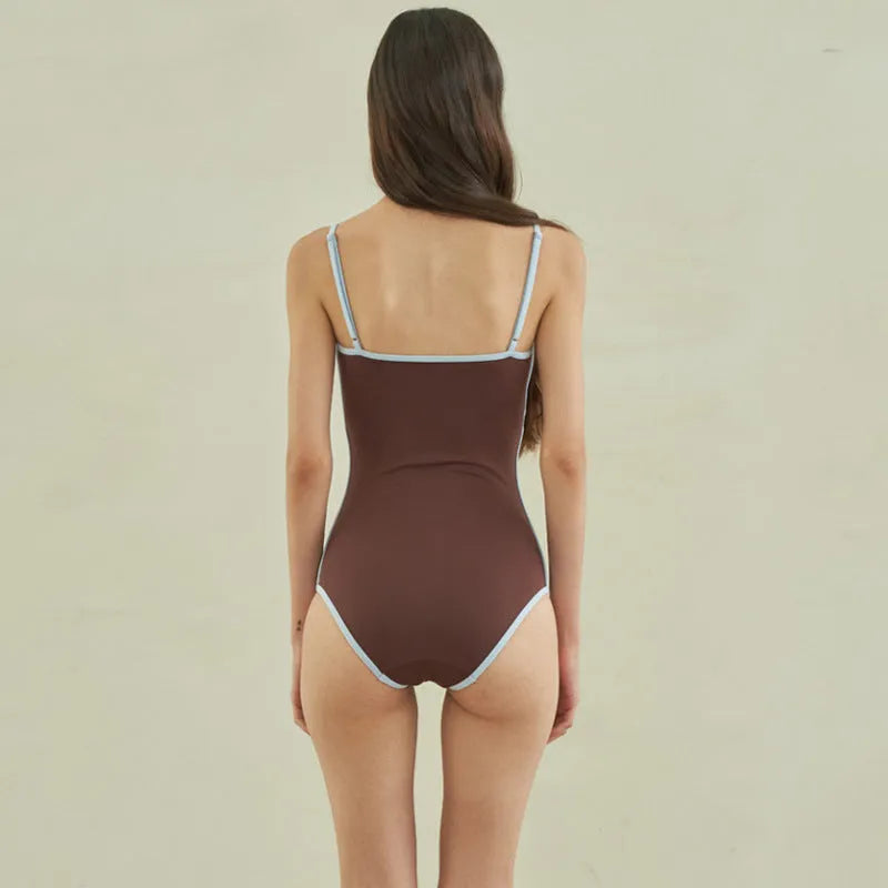 Brown women's one-piece swimsuit with sexy pattern style made from nylon fabric