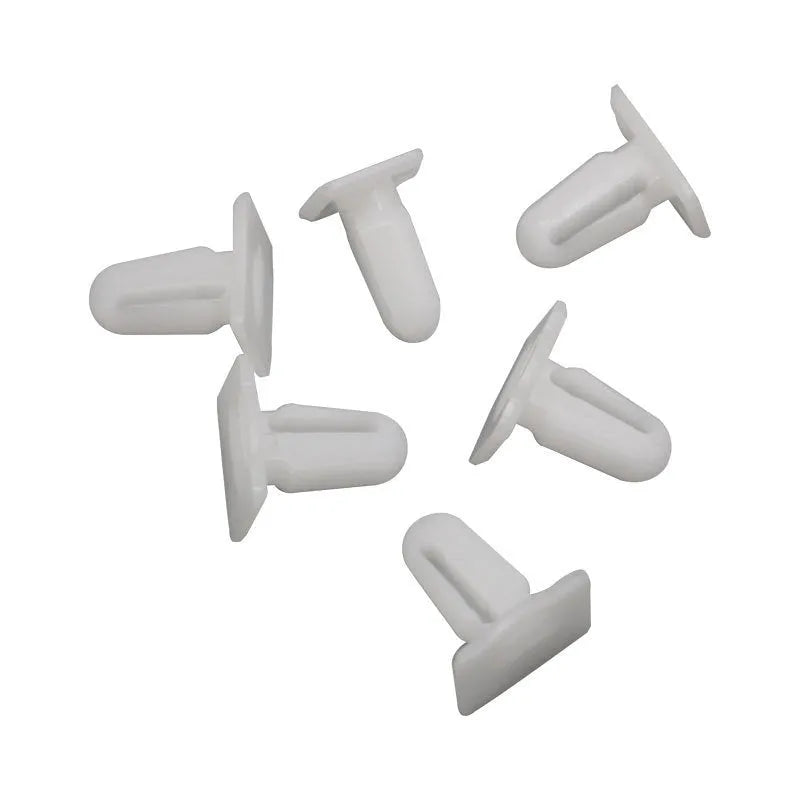 Pack of 60 D318 style grey PA66 plastic automotive glue nails and buckles for trim fastening.