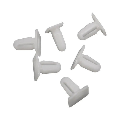 Pack of 60 D318 style grey PA66 plastic automotive glue nails and buckles for trim fastening.