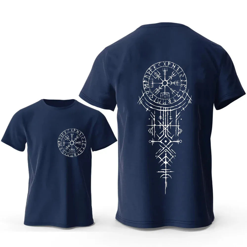 Viking rune compass graphic on a men's pure cotton T-shirt.