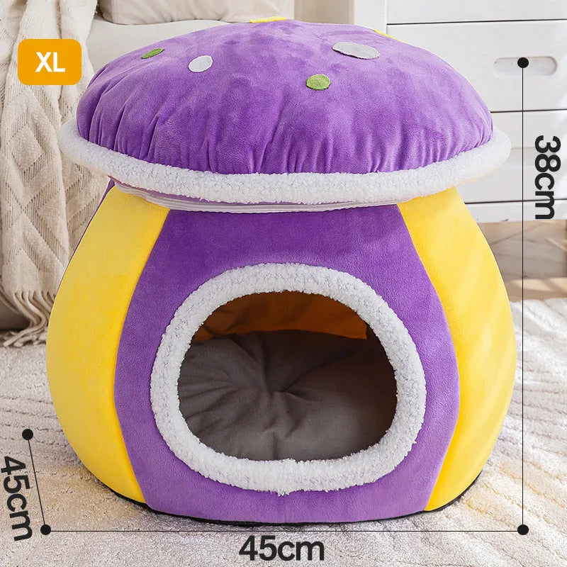 Grey mushroom-shaped hooded cat bed made of soft rabbit plush, shown with a cat inside.