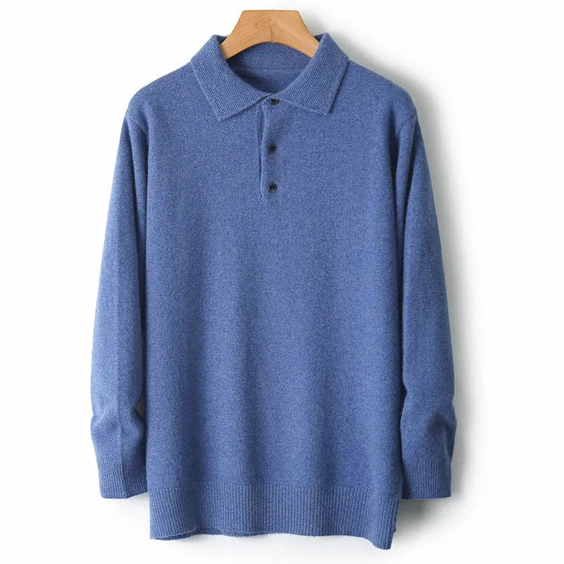 Men's grey wool pullover sweater with a polo collar and long sleeves on a hanger