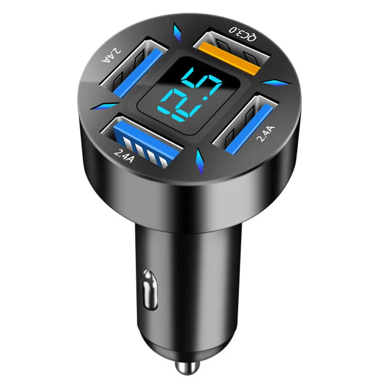 Four-port USB car charger with digital voltage display showing output reading