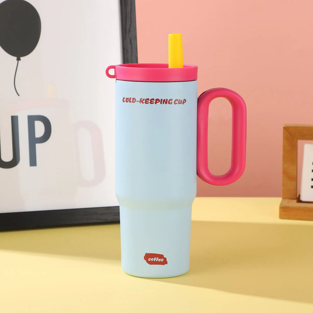 Large stainless steel insulated straw cup with handle in multiple colour options.