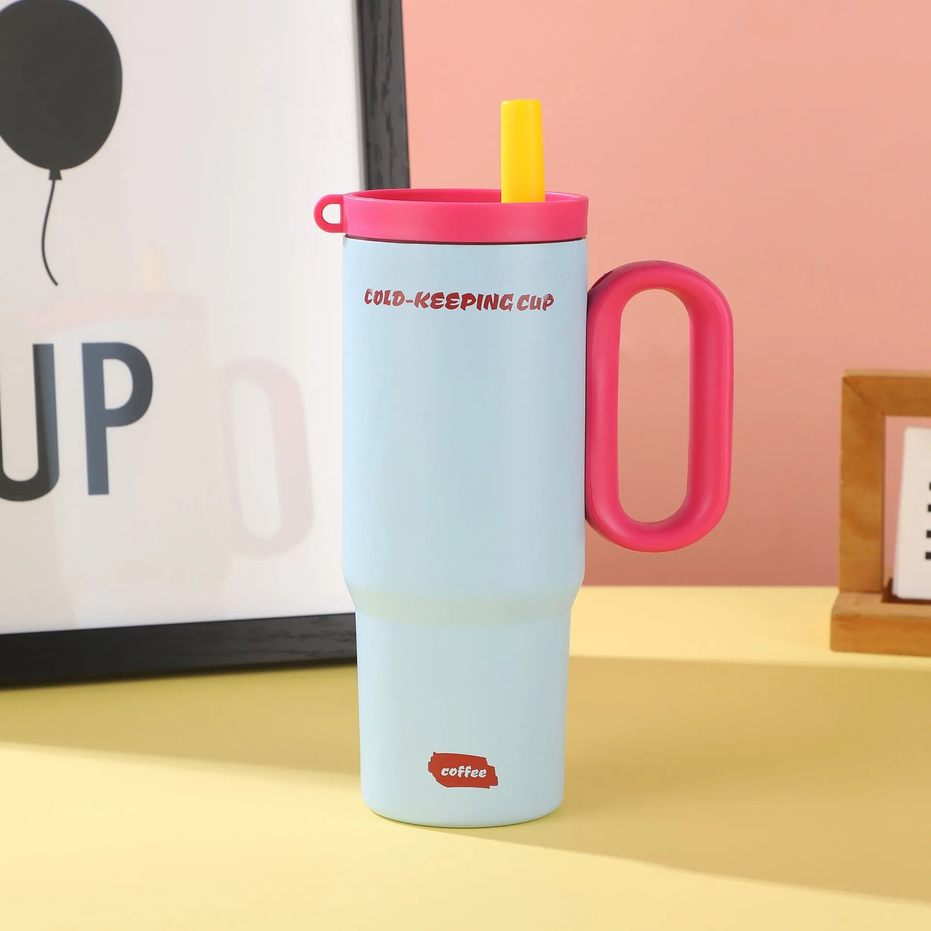 Large stainless steel insulated straw cup with handle in multiple colour options.