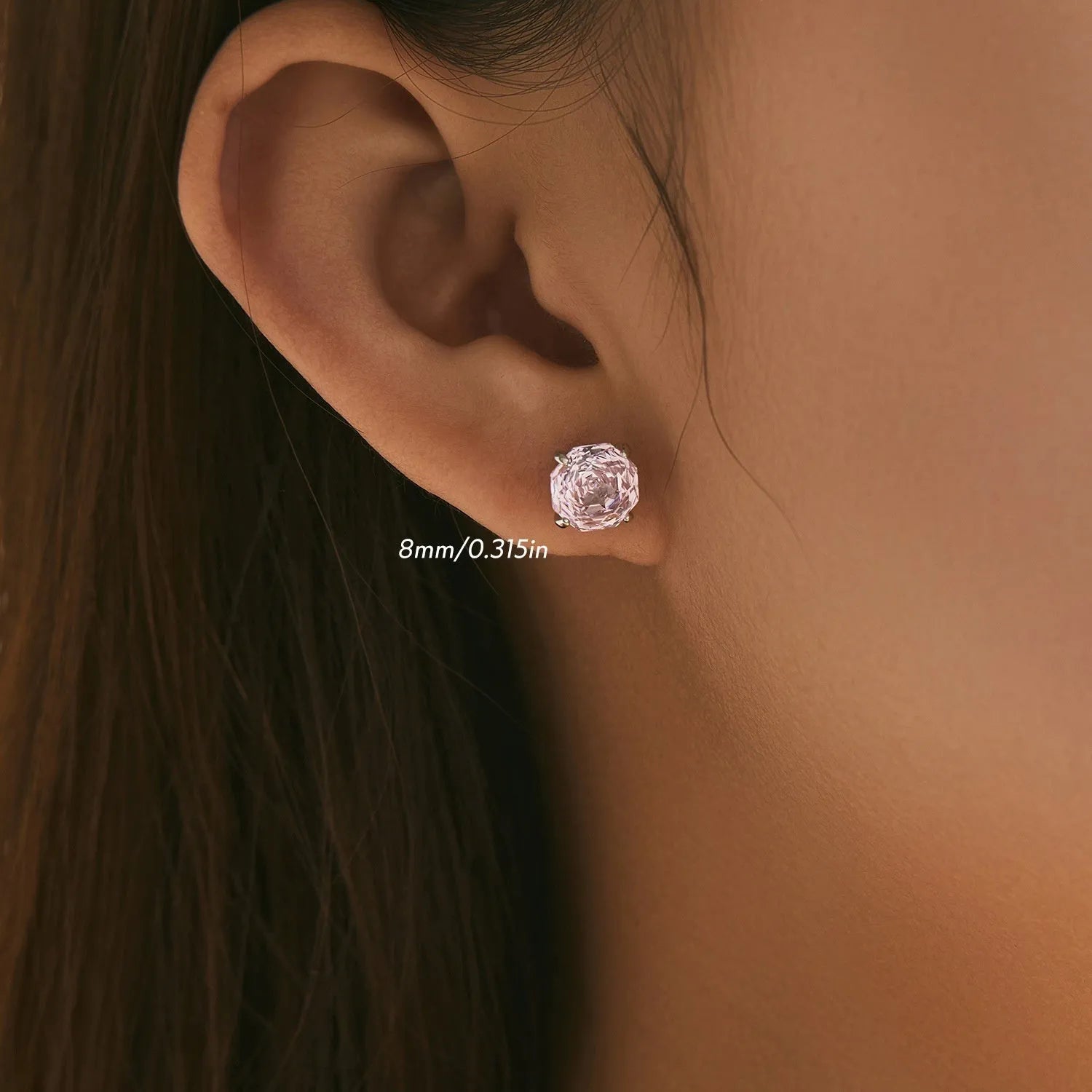 Pink S925 sterling silver rose flower stud earrings for women in 6mm and 8mm sizes.