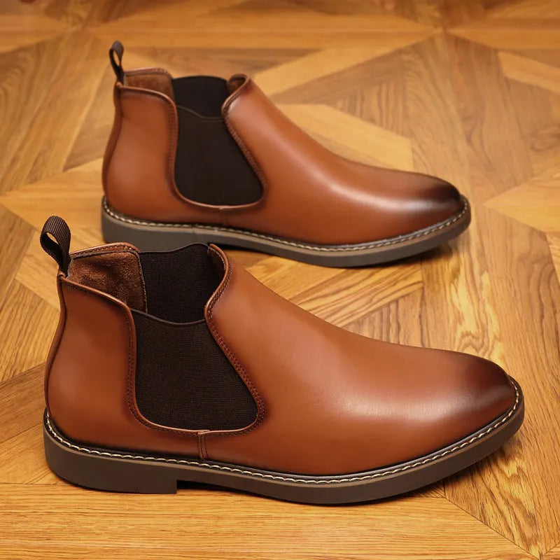 Men's black formal pointed-toe leather boots with square heel on rubber sole