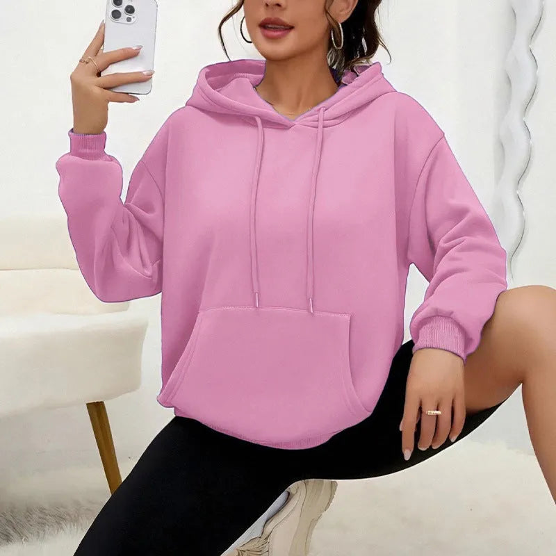 Women's loose fit gray sweatshirt with drawstring waist and front pockets, long sleeve casual top