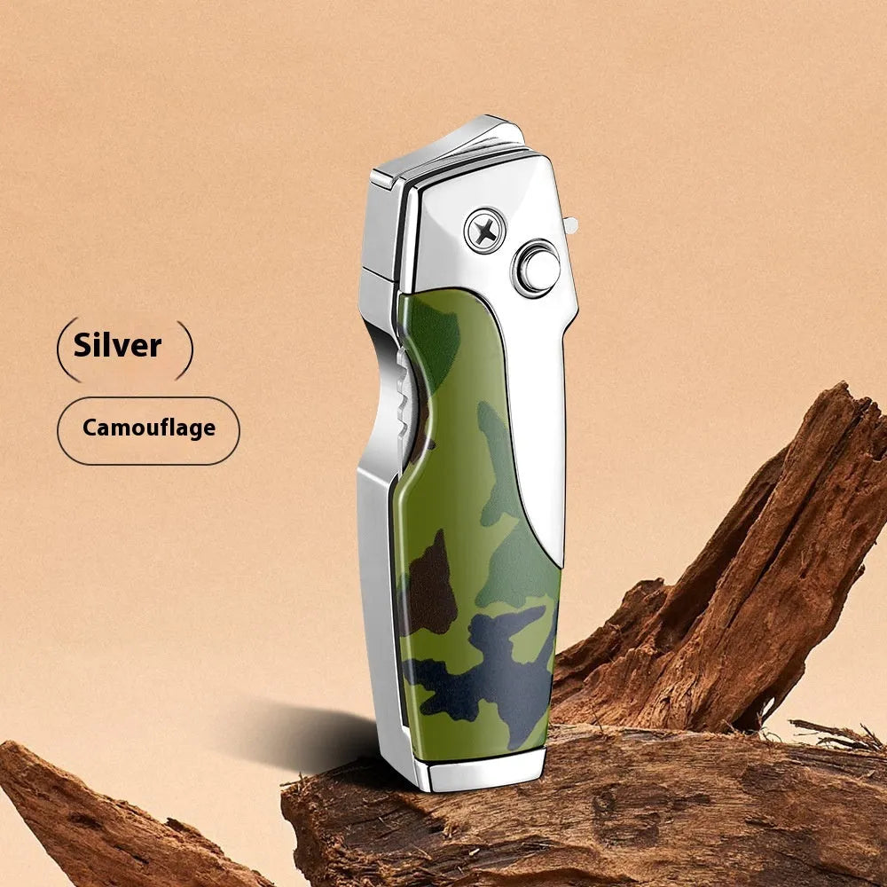 Zinc alloy folding lighter tool with integrated knife in a black wood grain finish.