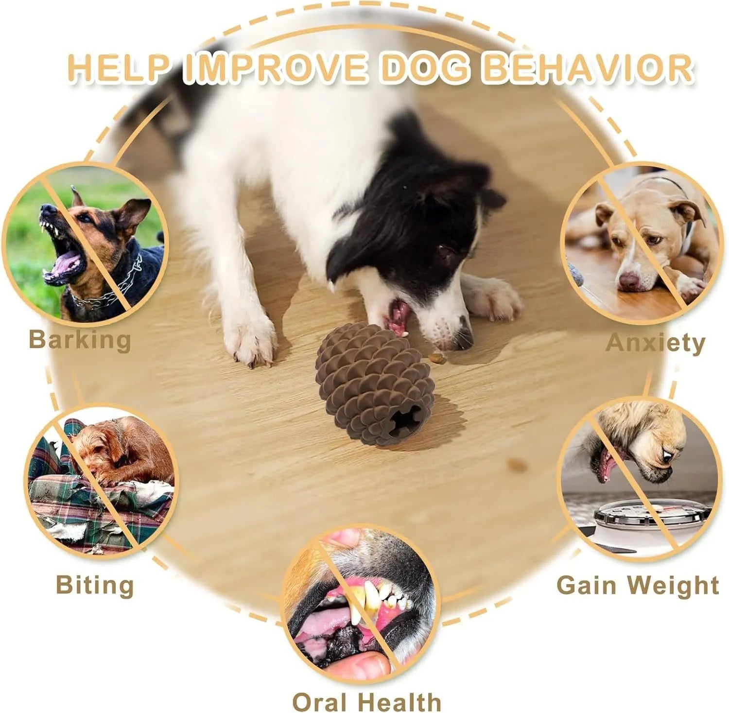 Yellow pine cone shaped natural rubber dog chew toy with textured surface and treat dispensing opening