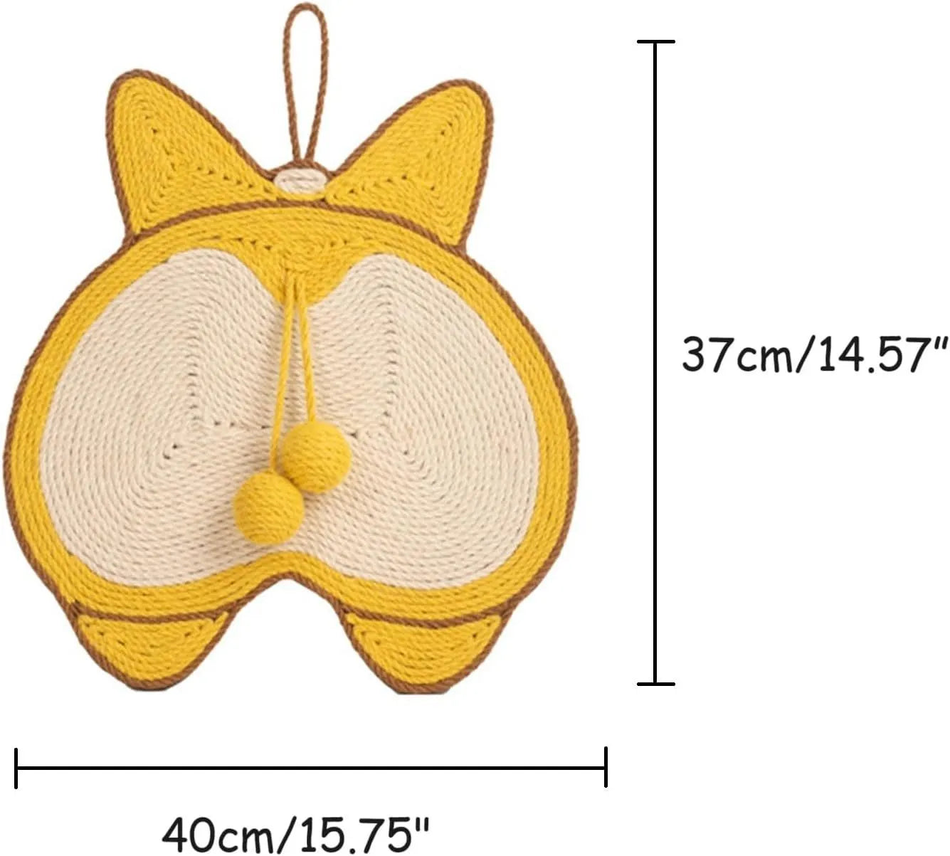 Yellow cat scratching pad with Corgi dog butt design, made from natural sisal with an anti-slip base.