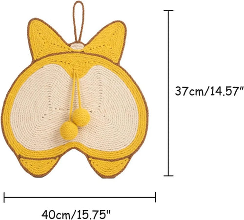 Yellow cat scratching pad with Corgi dog butt design, made from natural sisal with an anti-slip base.