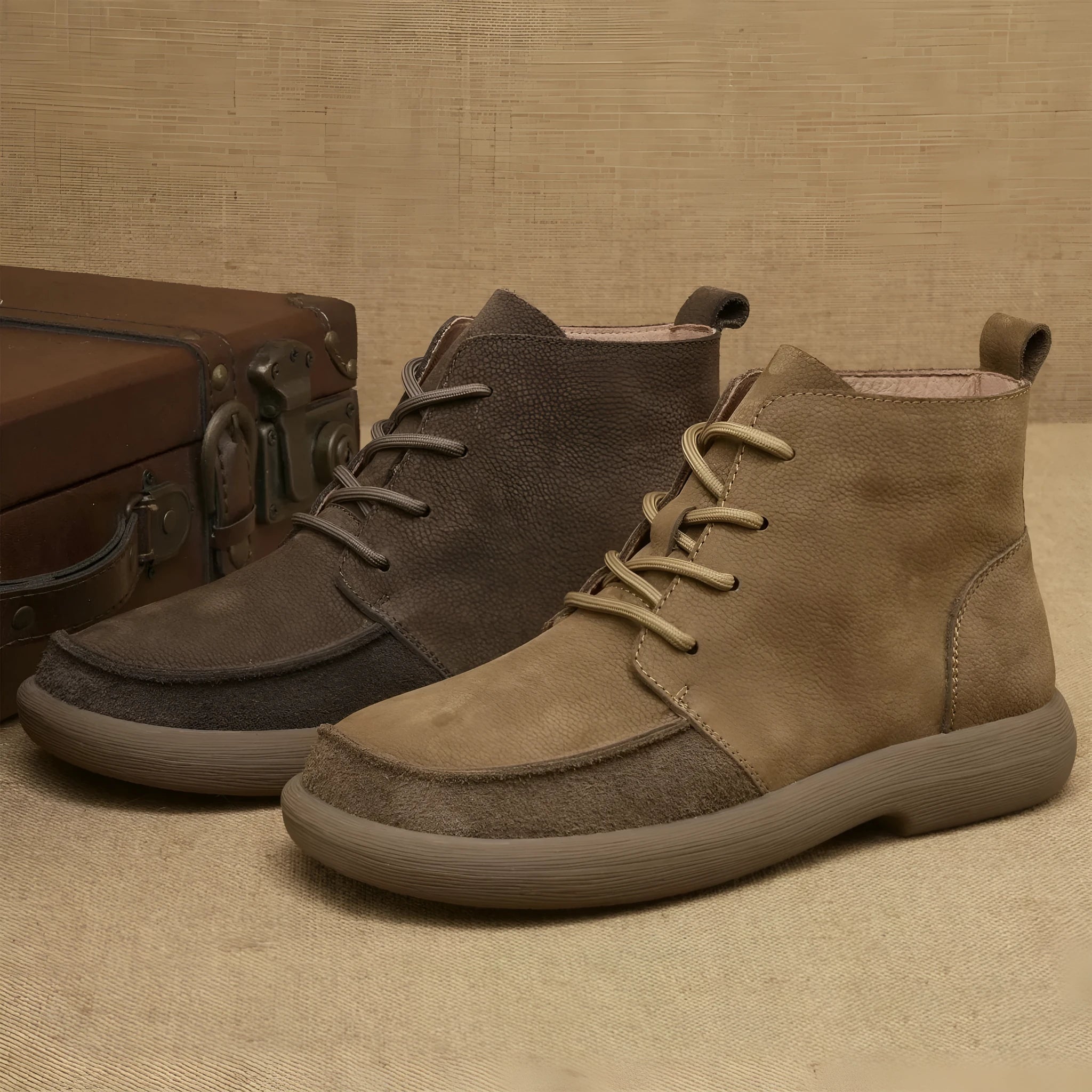 Grey genuine leather martin boots with wedge heel and front lace-up fastening on a neutral background