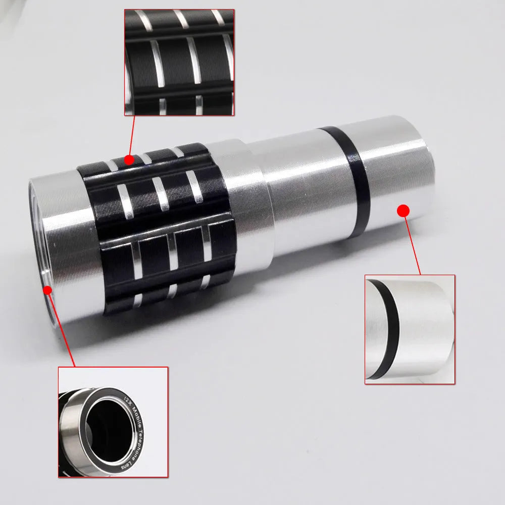 Silver telescopic phone camera lens with clip attachment for smartphones