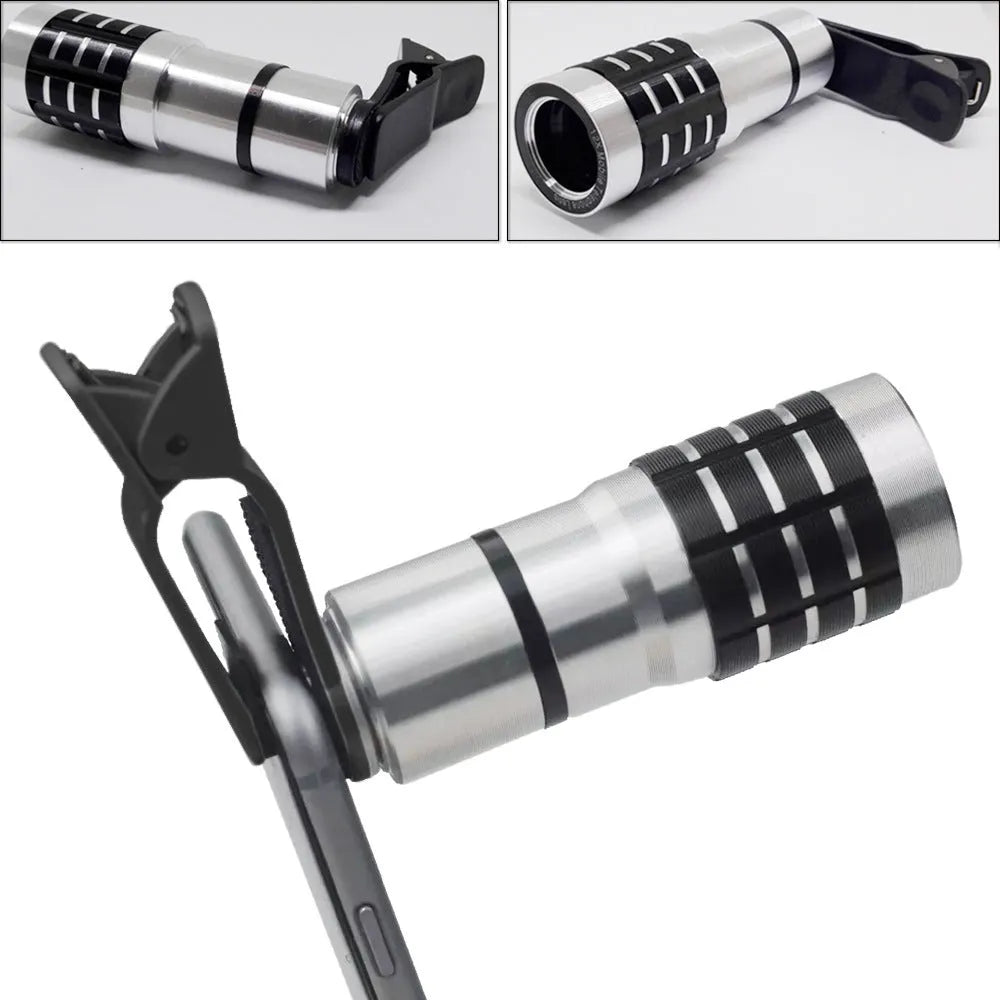 Silver telescopic phone camera lens with clip attachment for smartphones