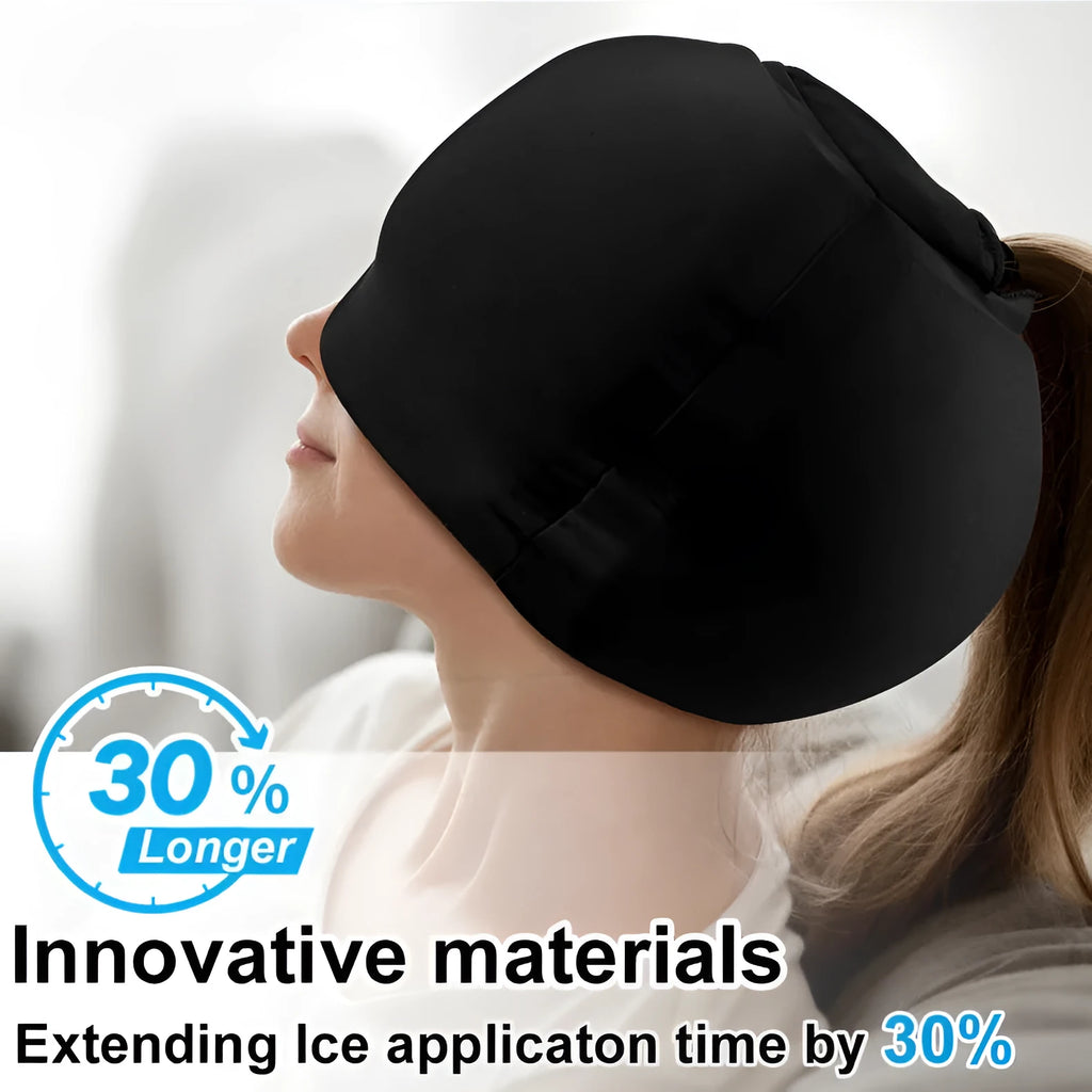 Simple solid colour cold compress cap in polyester, shown in black, dark blue, and pink.