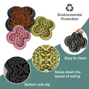 Silicone pet licking pad with textured surface in various colours measuring 19cm by 21cm for slow feeding