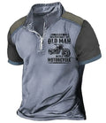 Men's grey casual polo shirt with a lapel collar and large white digital letter print on the front.
