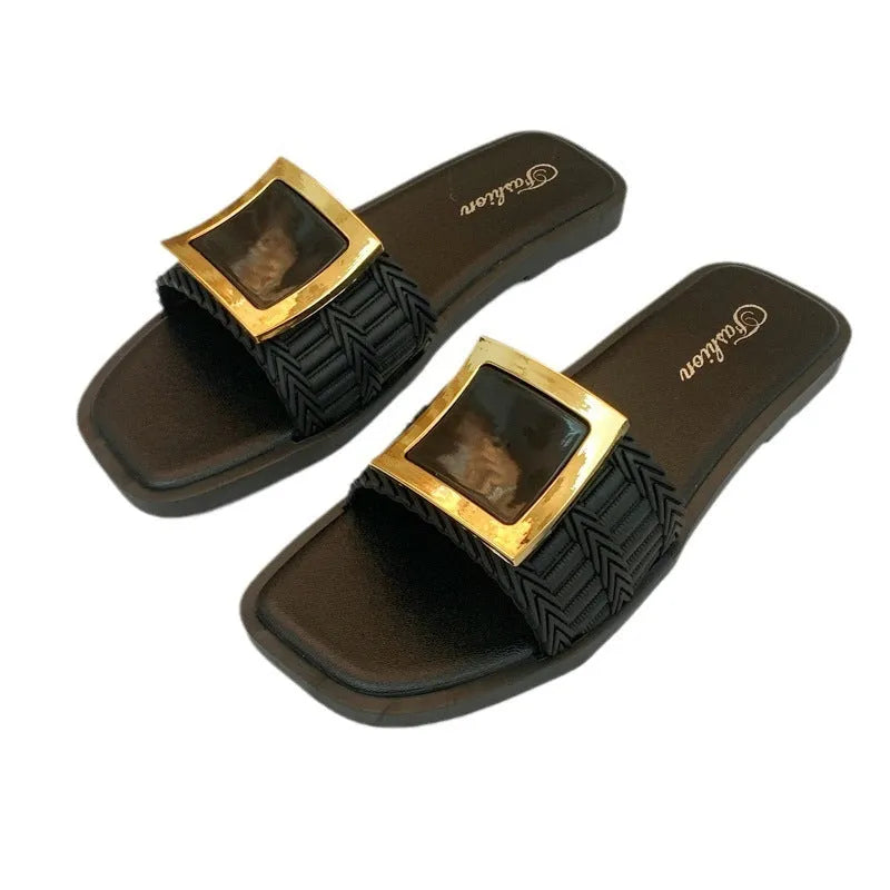 Women's apricot casual flat slippers with a PVC sole on a plain background.