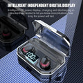 Black Bluetooth wireless headset with charging case showing compact design