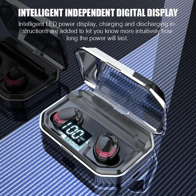 Black Bluetooth wireless headset with charging case showing compact design