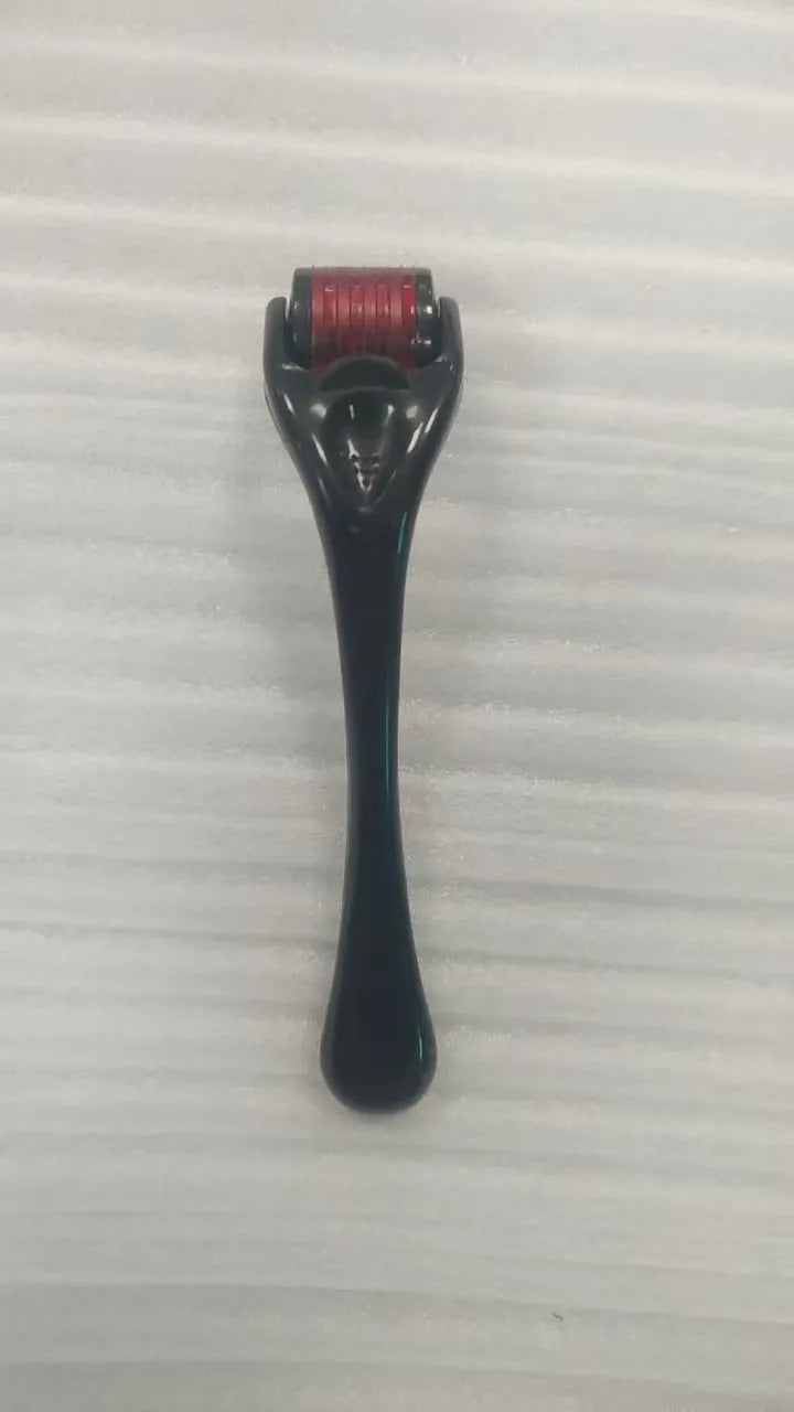 540 needle micro roller dermaroller with black handle and purple wheel, showing needle depth settings.
