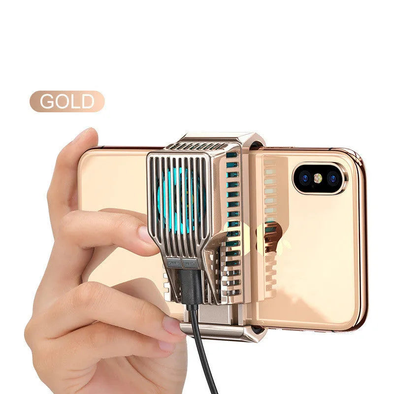 Black mobile phone radiator with clip, attached to a smartphone showing its aluminium alloy and ceramic construction.