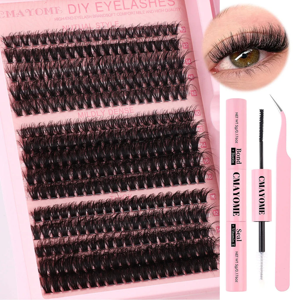 DIY false eyelashes cluster set with applicator tweezers for lash extensions