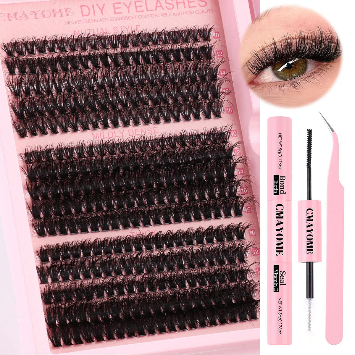 DIY false eyelashes cluster set with applicator tweezers for lash extensions