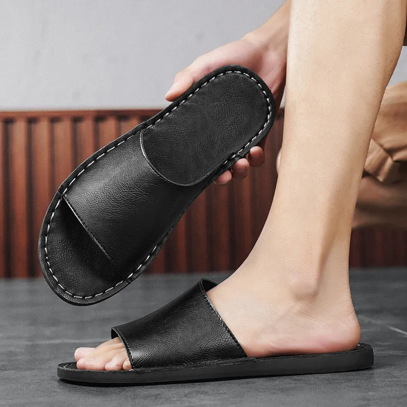 Men's brown leather casual sandals with rubber soles for outdoor spring and summer wear