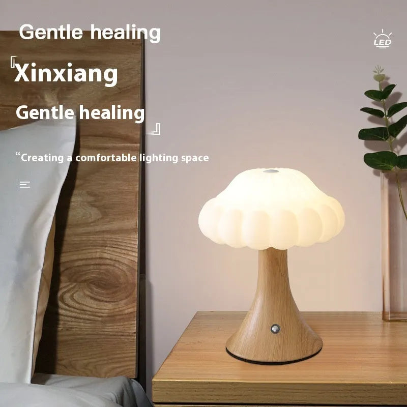 Mushroom-shaped touch lamp with USB charging in wood grain colour