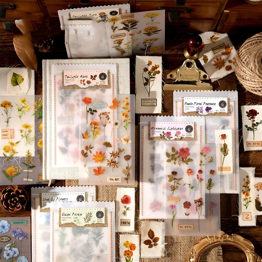 Huazhisen Series forest art style sticker pack showing 85x180mm transfer paper sheets with floral and forest designs