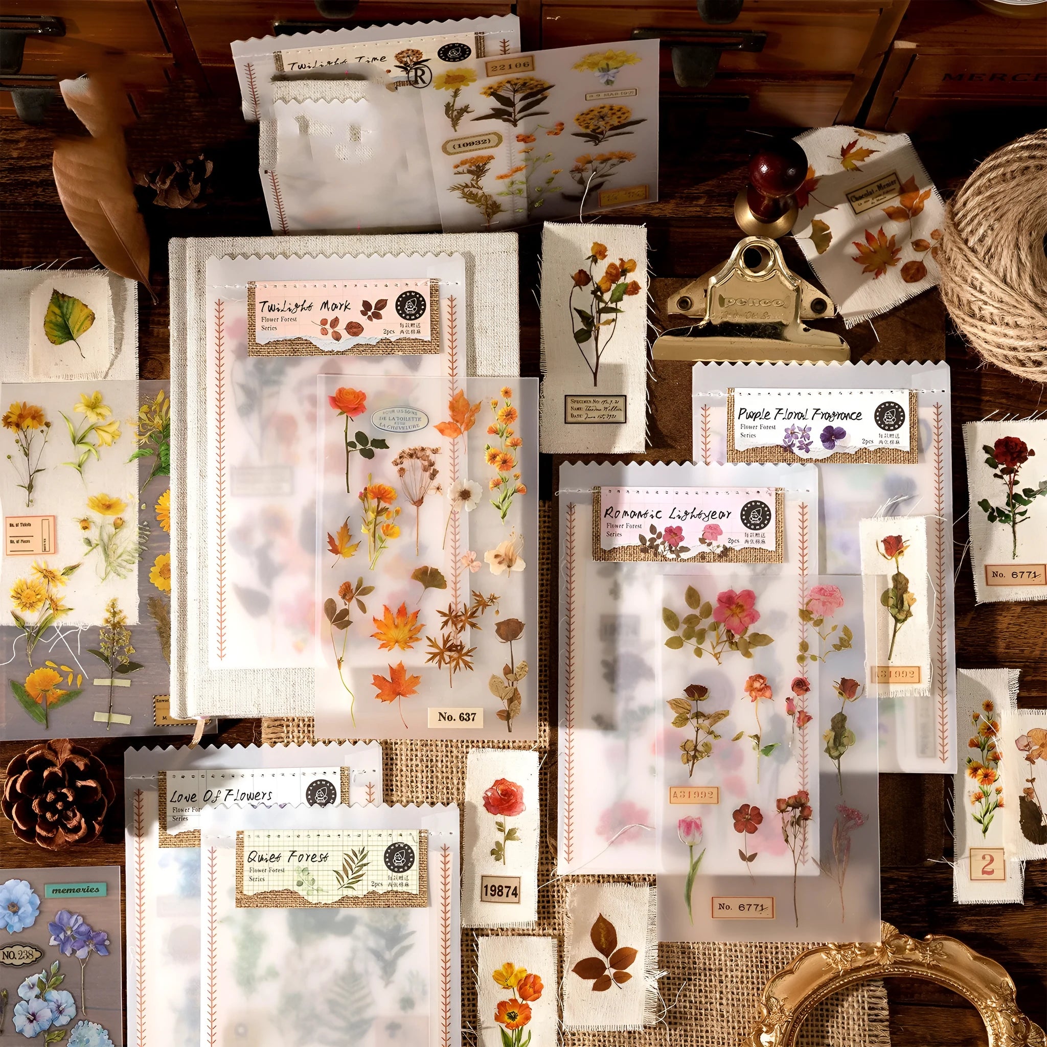 Huazhisen Series forest art style sticker pack showing 85x180mm transfer paper sheets with floral and forest designs