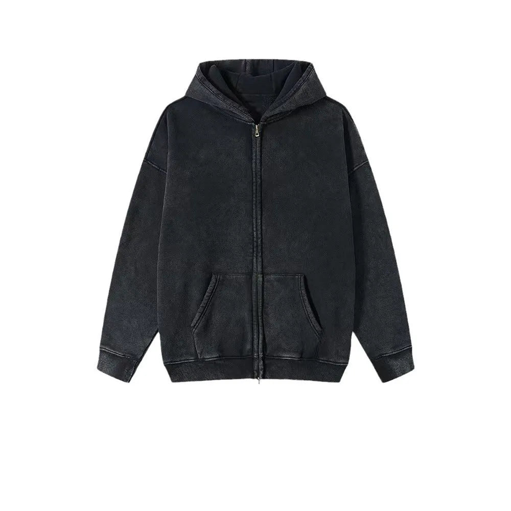 Man's dark green fleece-lined hooded cardigan sweater with a double zip front.
