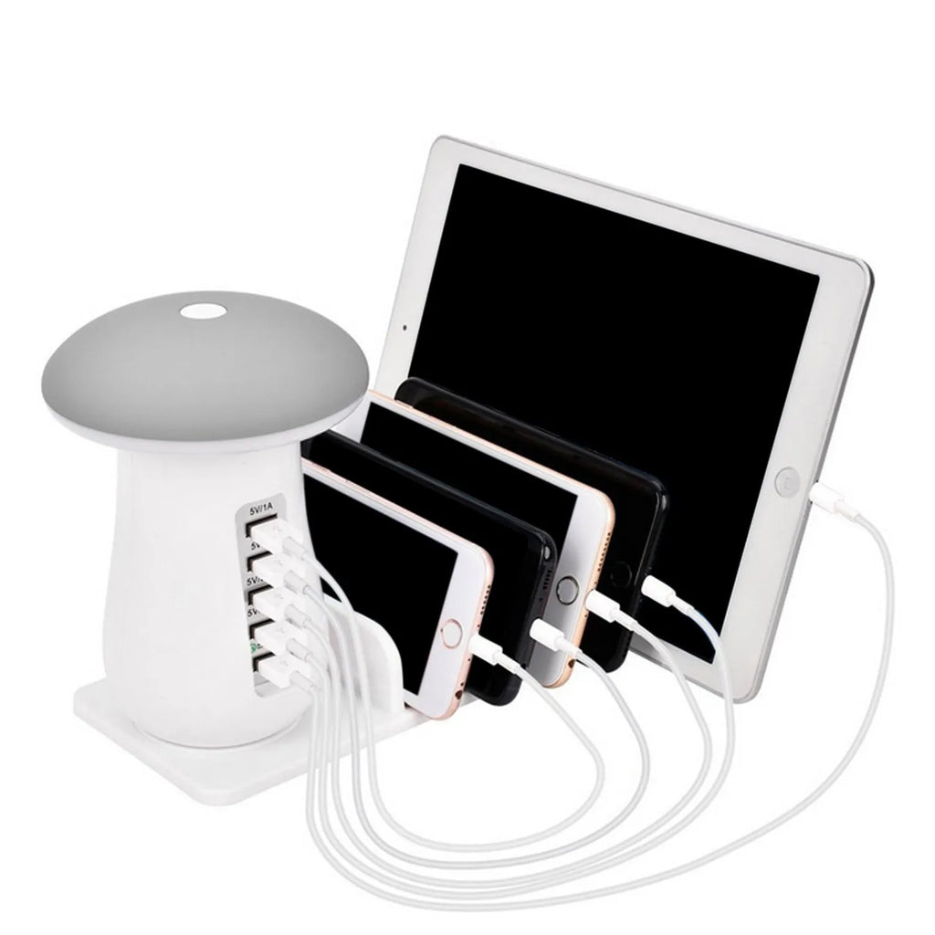 White mushroom-shaped LED lamp with 5-port USB charging dock station for smartphones and tablets