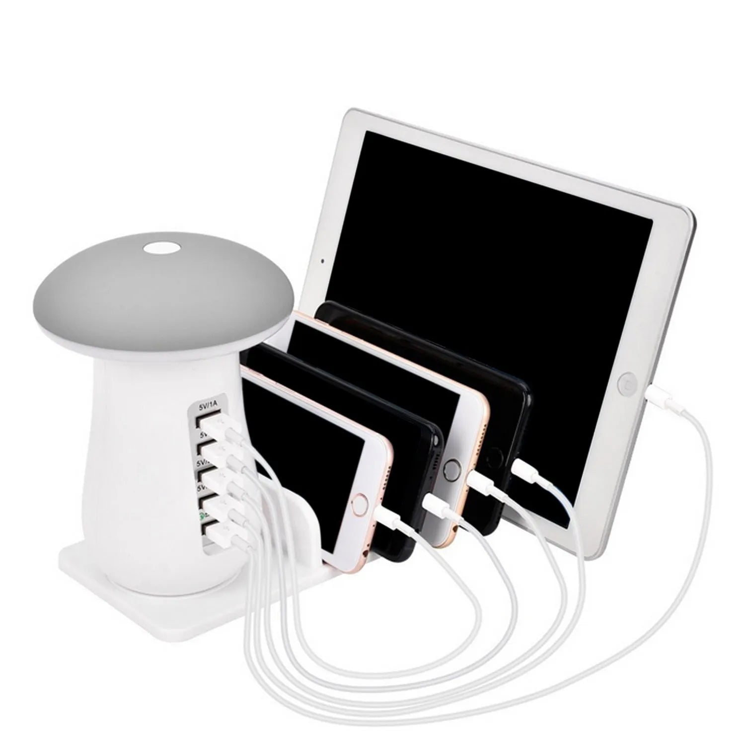 White mushroom-shaped LED lamp with 5-port USB charging dock station for smartphones and tablets