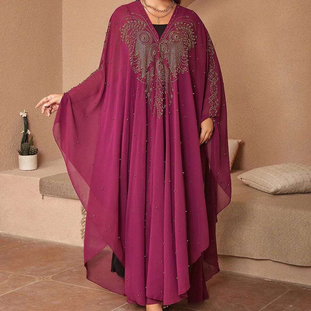Muslim style chiffon shawl with rhinestone beading in purple colour
