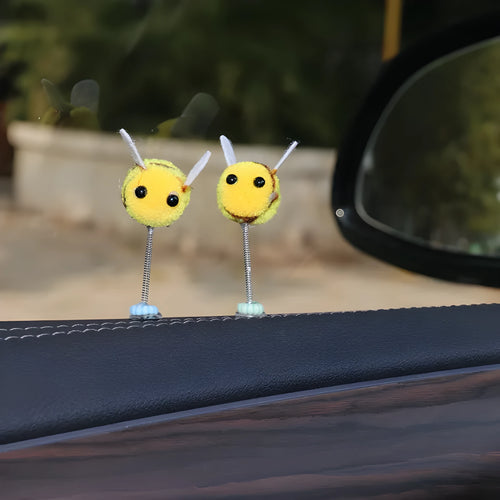 Small yellow and black cartoon bee car decoration with fur ball material, 3x3cm size